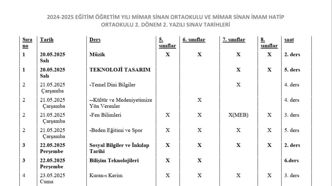 2. Dönem 2. Yazılı Sınav Tarihleri